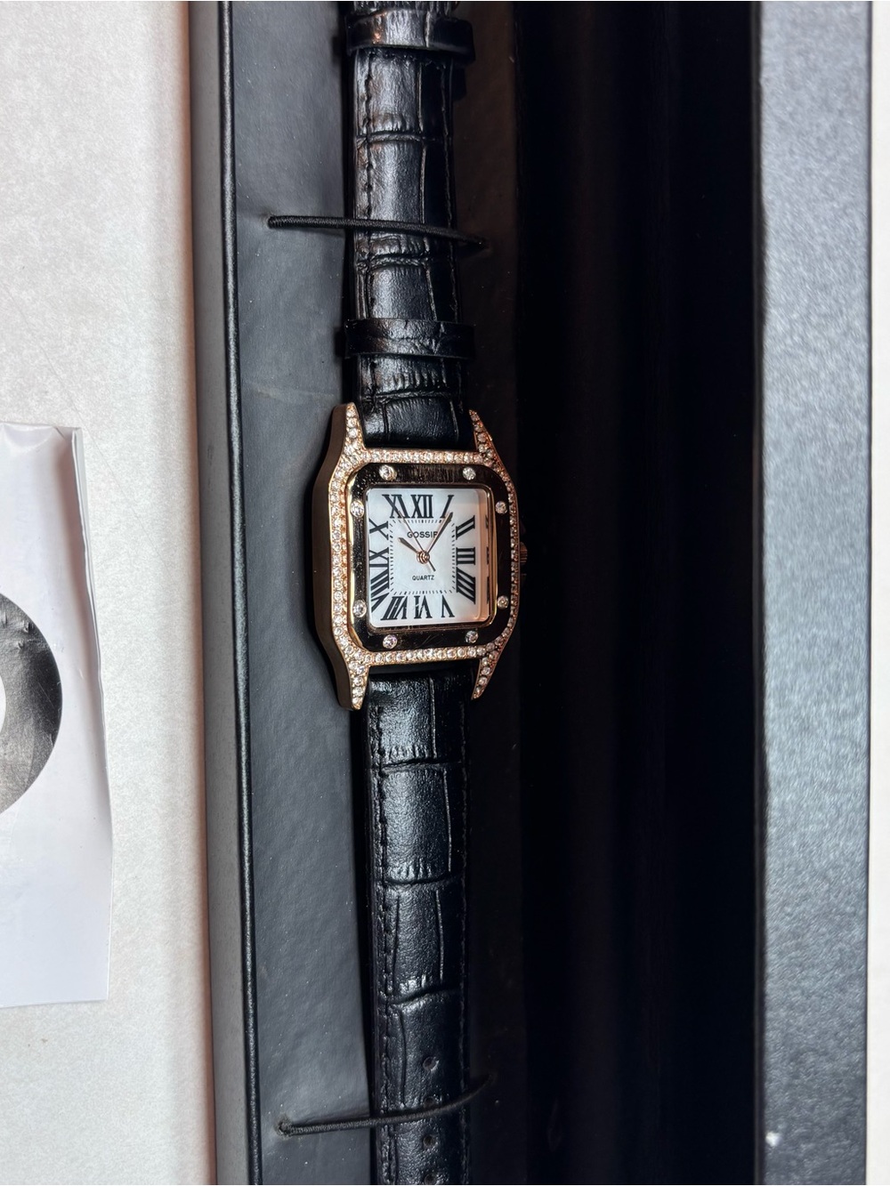 Gossip Black Leather Strap Watch with Rose Gold Crystal Case